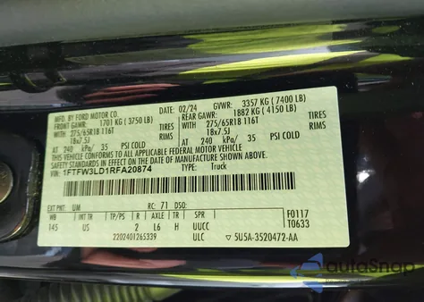 2024 Ford F-150 Xlt z USA, uszkodzony, nr VIN 1FTFW3LD1RFA20874